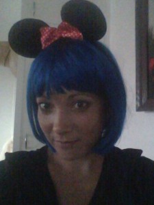 The blue wig I wore at work along with my sister's "Mouseketeers" headband. 